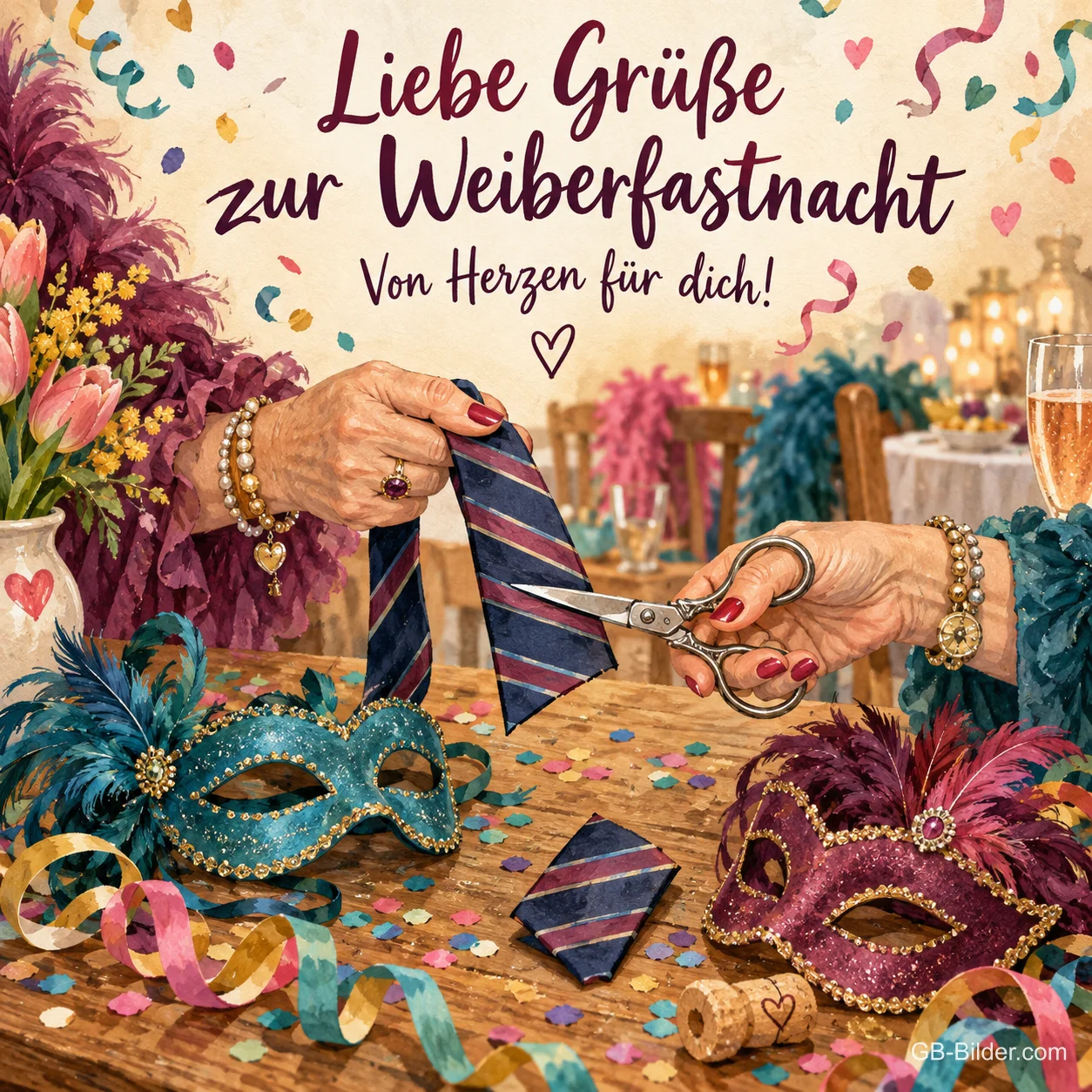 Hände schneiden eine Krawatte ab, Text: Liebe Grüße zur Weiberfastnacht