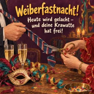 Krawatte und Sektgläser, lustiger Text, Text: Weiberfastnacht