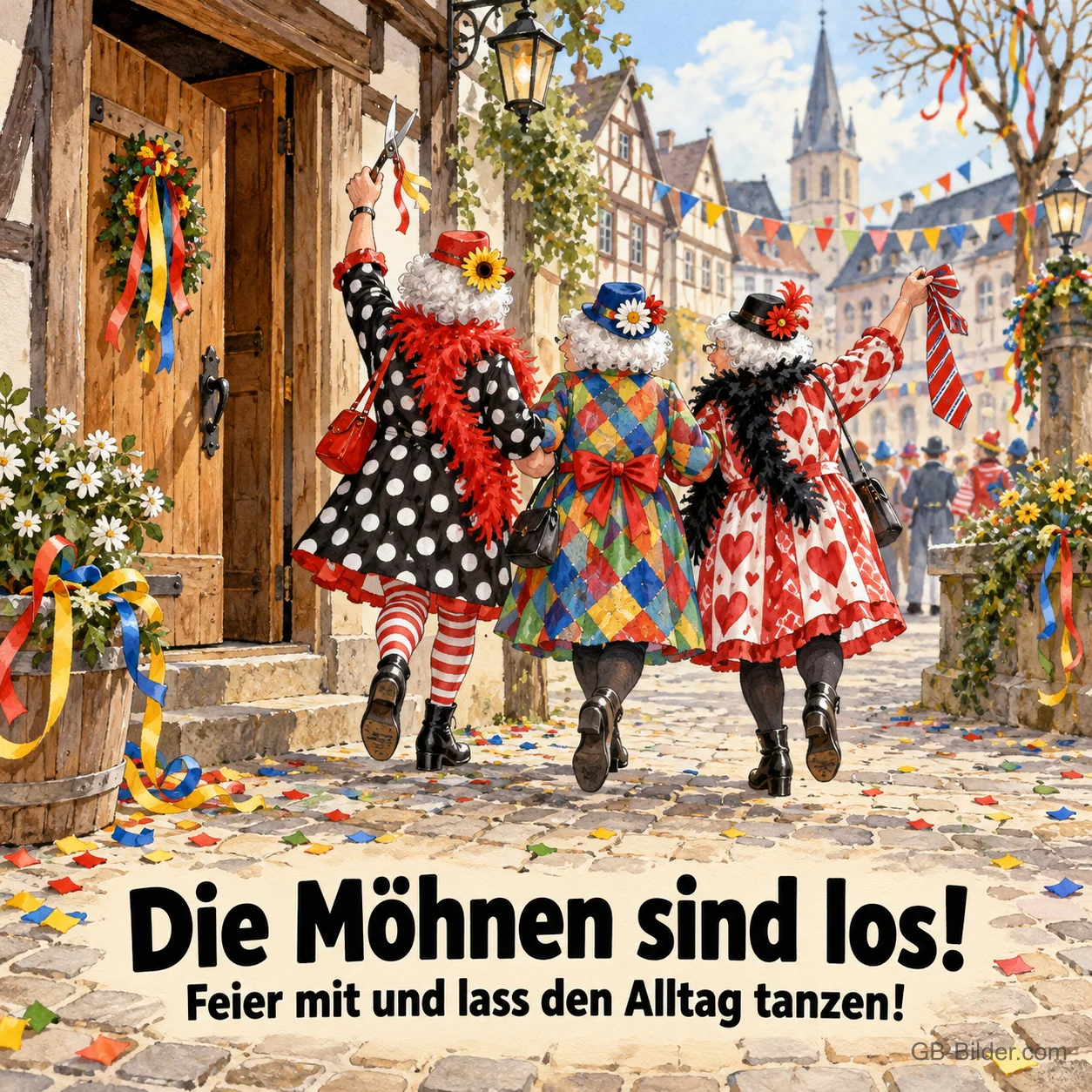 Kostümierte Frauen in der Altstadt, Text: Die Möhnen sind los