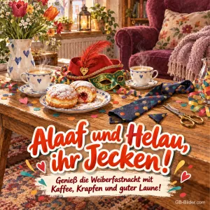 Kaffee mit Krapfen und Narrenkappe, Text: Alaaf und Helau, ihr Jecken