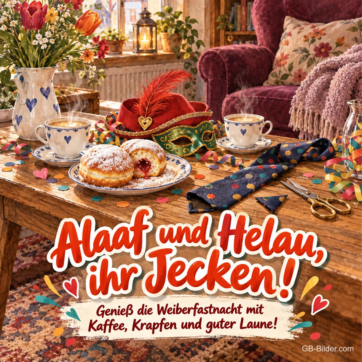 Kaffee mit Krapfen und Narrenkappe, Text: Alaaf und Helau, ihr Jecken