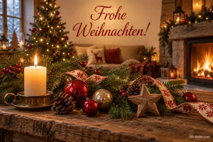 Brennende Kerze mit Tannenzweigen und Kugeln vor Kamin und Tannenbaum, Text: Frohe Weihnachten!