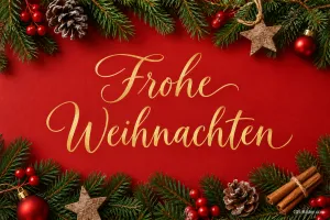 Rote Fläche mit Tannenzweigen, Kugeln und Sternen, Text: Frohe Weihnachten