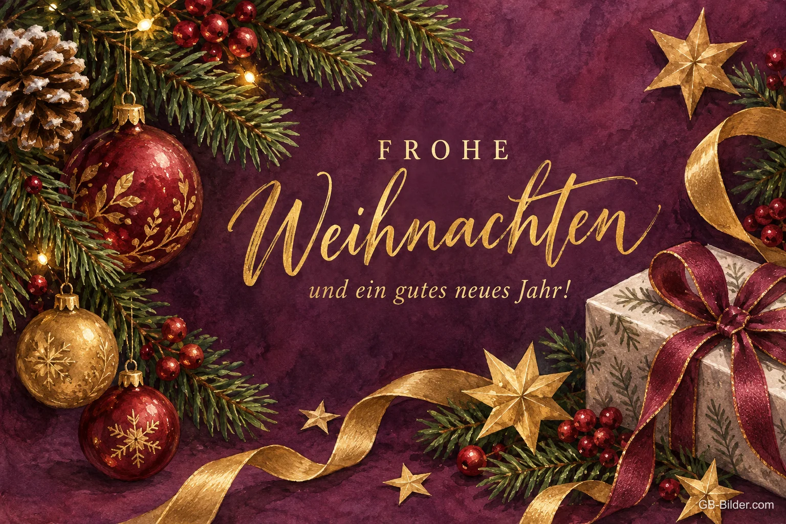 Weihnachtskugeln, Sterne und Geschenk auf Weinrot, Text: FROHE Weihnachten – und ein gutes neues Jahr!