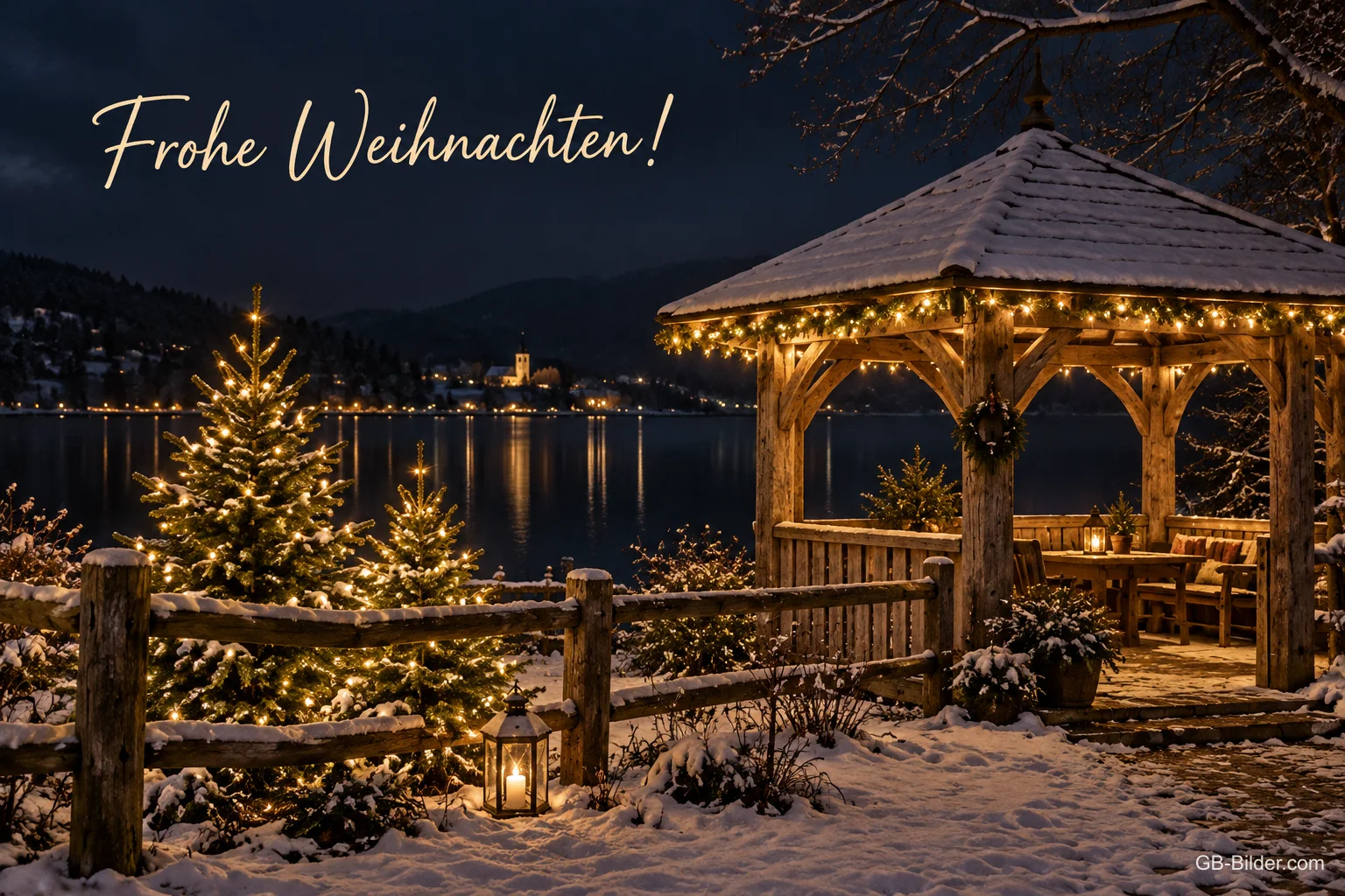 Pavillon mit Lichterketten und Tannenbäumen am verschneiten See, Text: Frohe Weihnachten!