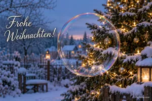 Seifenblase vor einem leuchtenden Tannenbaum im Schnee, Text: Frohe Weihnachten!