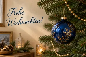 Blaue Weihnachtskugel am Tannenzweig, Text: Frohe Weihnachten!