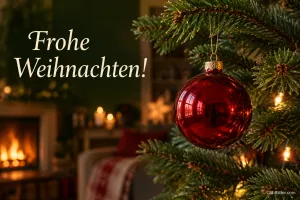 Rote Weihnachtskugel am Tannenzweig vor dem Kamin, Text: Frohe Weihnachten!