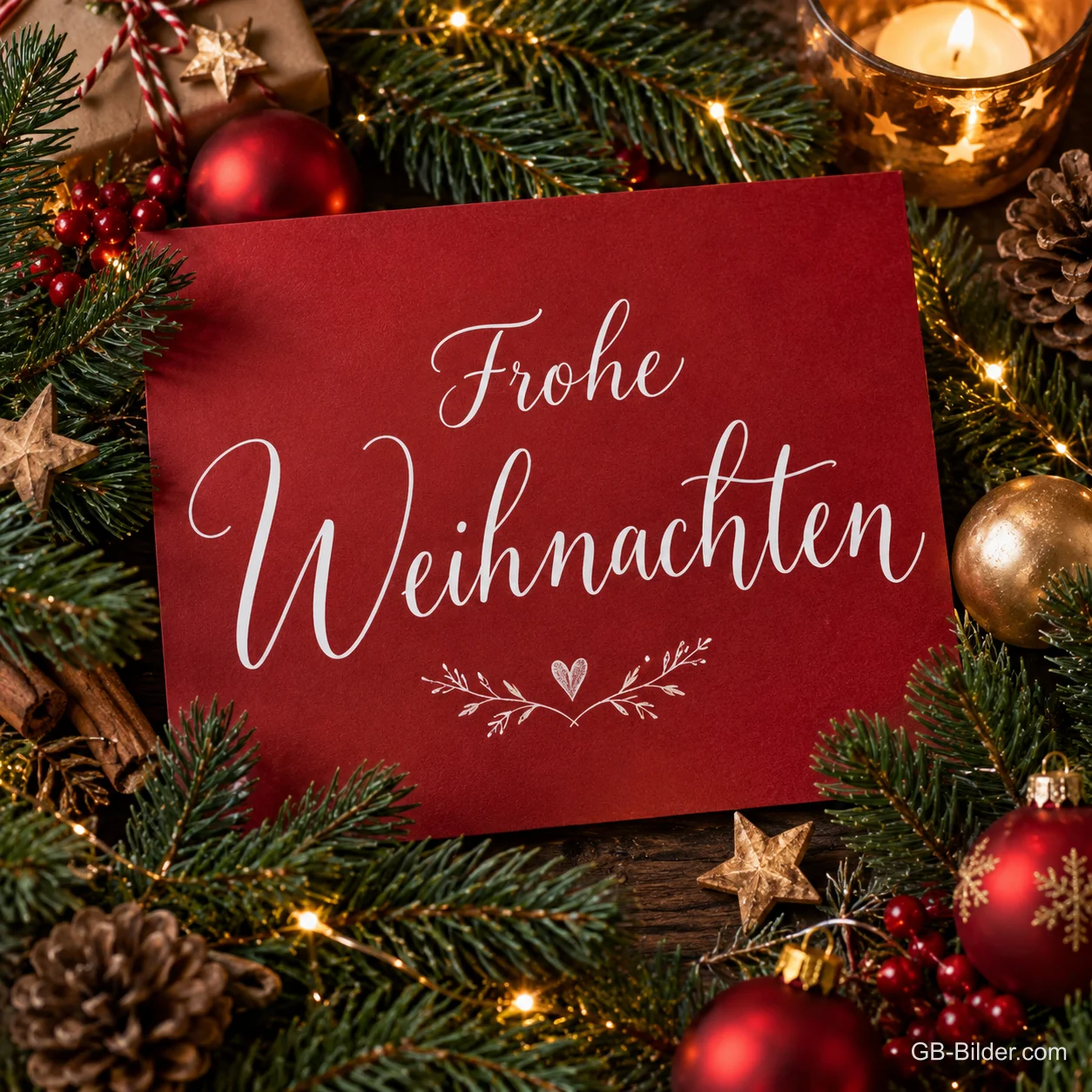 Rote Karte zwischen Tannenzweigen, Kugeln und Zapfen, Text: Frohe Weihnachten