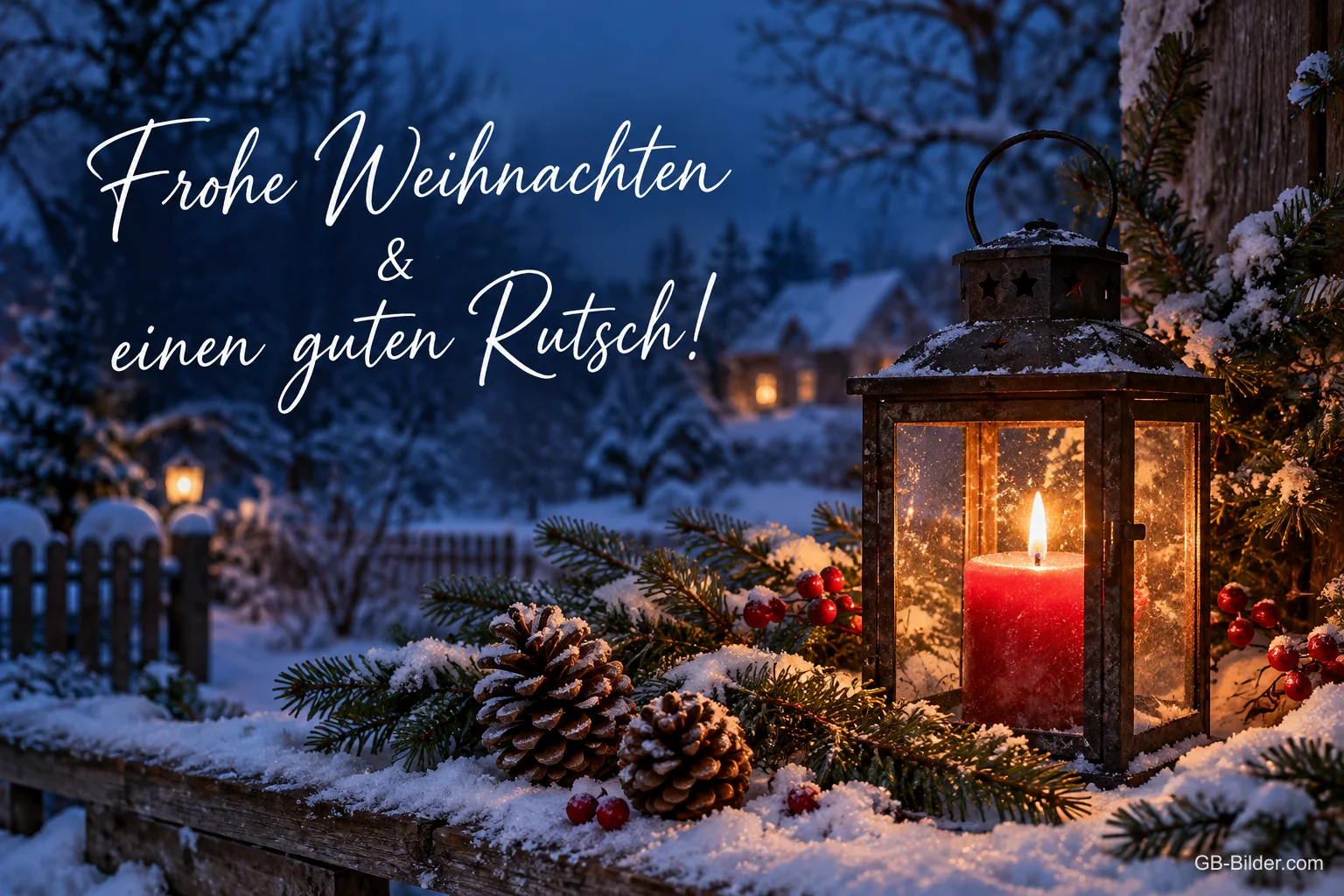 Laterne mit roter Kerze auf einem verschneiten Geländer, Text: Frohe Weihnachten – & einen guten Rutsch!