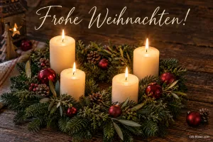 Adventskranz mit vier brennenden weißen Kerzen, Text: Frohe Weihnachten!