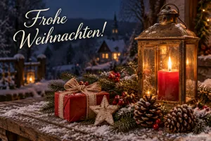 Laterne mit roter Kerze neben Geschenk und Zapfen, Text: Frohe Weihnachten!