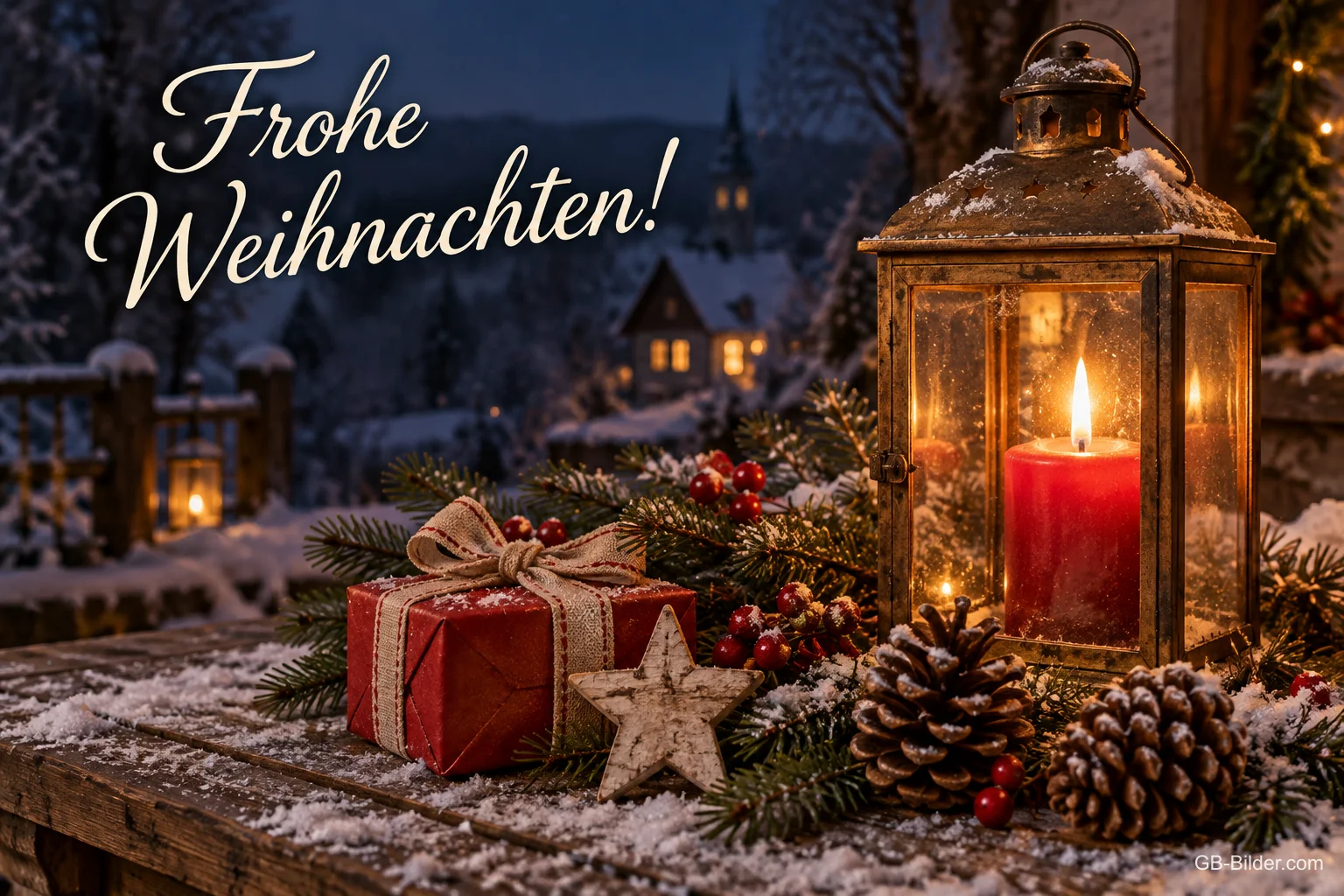 Laterne mit roter Kerze neben Geschenk und Zapfen, Text: Frohe Weihnachten!
