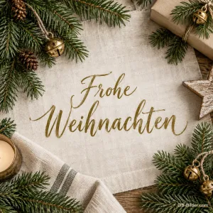 Leinentuch mit Tannenzweigen, Glöckchen und Holzstern, Text: Frohe Weihnachten