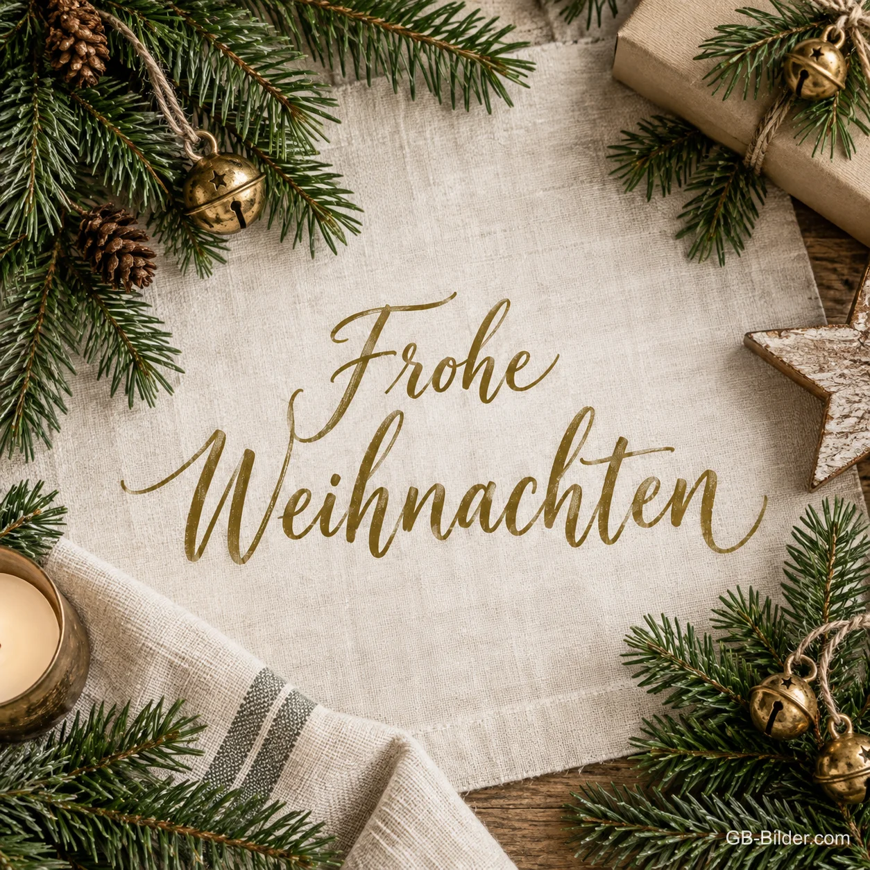 Leinentuch mit Tannenzweigen, Glöckchen und Holzstern, Text: Frohe Weihnachten