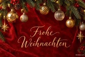 Goldene Weihnachtskugeln und Tannenzweige auf rotem Samt, Text: Frohe Weihnachten