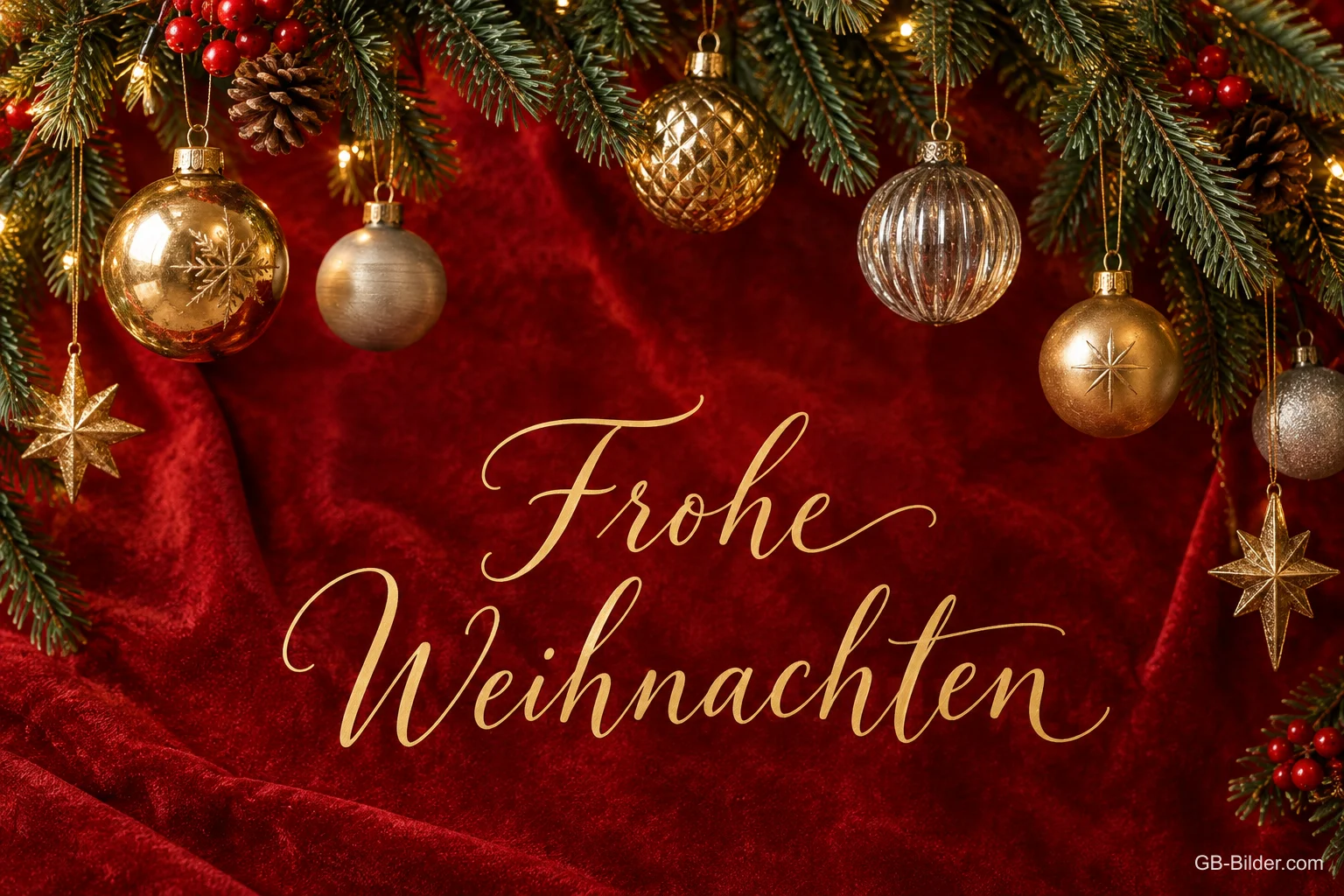 Goldene Weihnachtskugeln und Tannenzweige auf rotem Samt, Text: Frohe Weihnachten