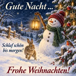 Schneemann mit Laterne, Hase und Rotkehlchen im Schnee, Text: Gute Nacht … – Schlaf schön bis morgen! Frohe Weihnachten!