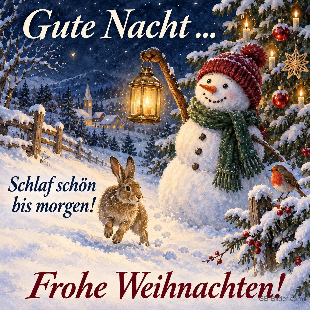 Schneemann mit Laterne, Hase und Rotkehlchen im Schnee, Text: Gute Nacht … – Schlaf schön bis morgen! Frohe Weihnachten! Schneemann mit Laterne, Hase und Rotkehlchen im Schnee, Text: Gute Nacht … – Schlaf schön bis morgen! Frohe Weihnachten!