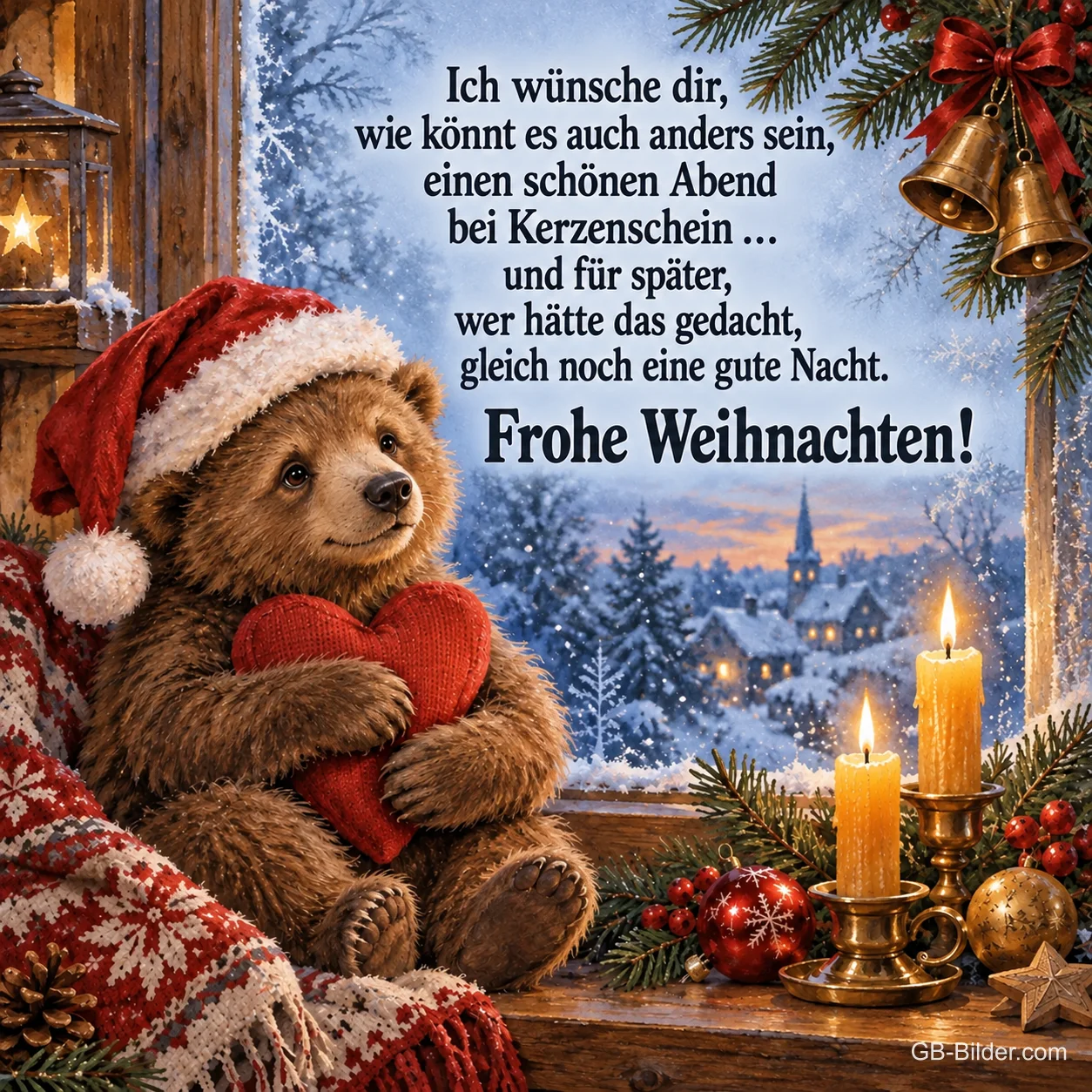 Bär mit Weihnachtsmütze und Herz am Fenster mit Kerzen, Text: Ich wünsche dir, wie könnt es auch anders sein, einen schönen Abend bei Kerzenschein … und für später, wer hätte das gedacht, gleich noch eine gute Nacht. Frohe Weihnachten!