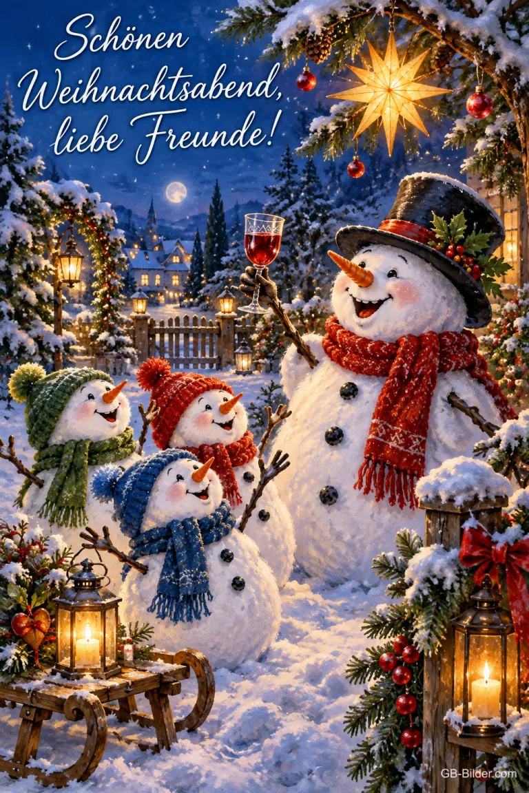 Schneemann mit Rotweinglas und drei kleine Schneemänner im verschneiten Garten, Text: Schönen Weihnachtsabend, – liebe Freunde!