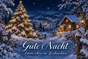 Leuchtender Tannenbaum vor einer verschneiten Hütte, Text: Gute Nacht – Träum schön von Weihnachten!