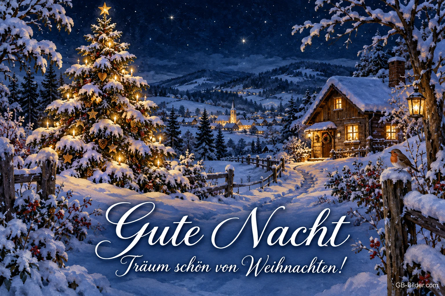 Leuchtender Tannenbaum vor einer verschneiten Hütte, Text: Gute Nacht – Träum schön von Weihnachten!