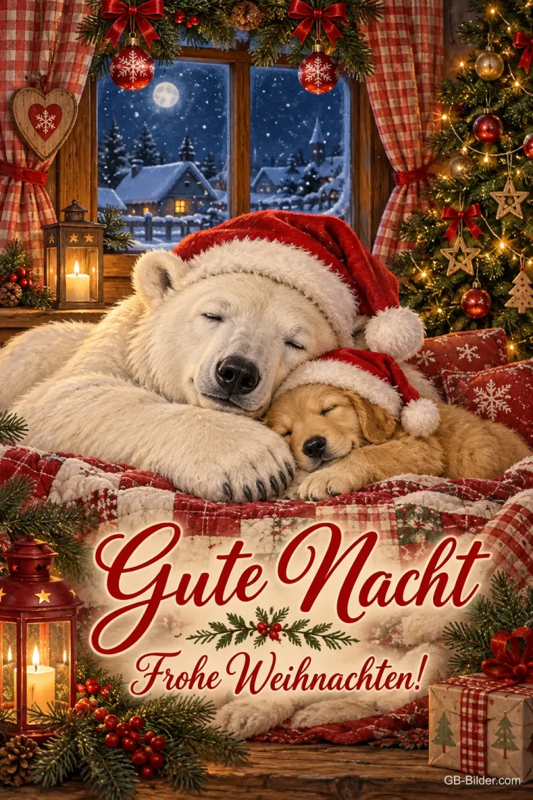 Eisbärjunges und Welpe mit Weihnachtsmützen schlafen am Fenster, Text: Gute Nacht – Frohe Weihnachten!