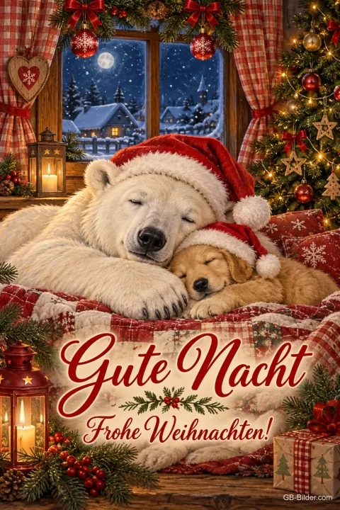 Eisbärjunges und Welpe mit Weihnachtsmützen schlafen am Fenster, Text: Gute Nacht – Frohe Weihnachten!