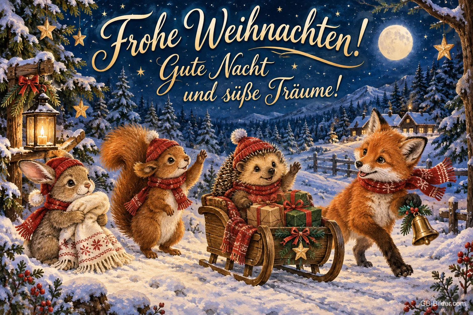 Hase, Eichhörnchen, Igel und Fuchs mit Schlitten im verschneiten Wald, Text: Frohe Weihnachten! – Gute Nacht und süße Träume!