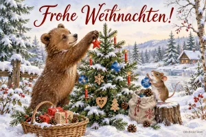 Bärenjunges und Maus schmücken einen Tannenbaum im Schnee, Text: Frohe Weihnachten!