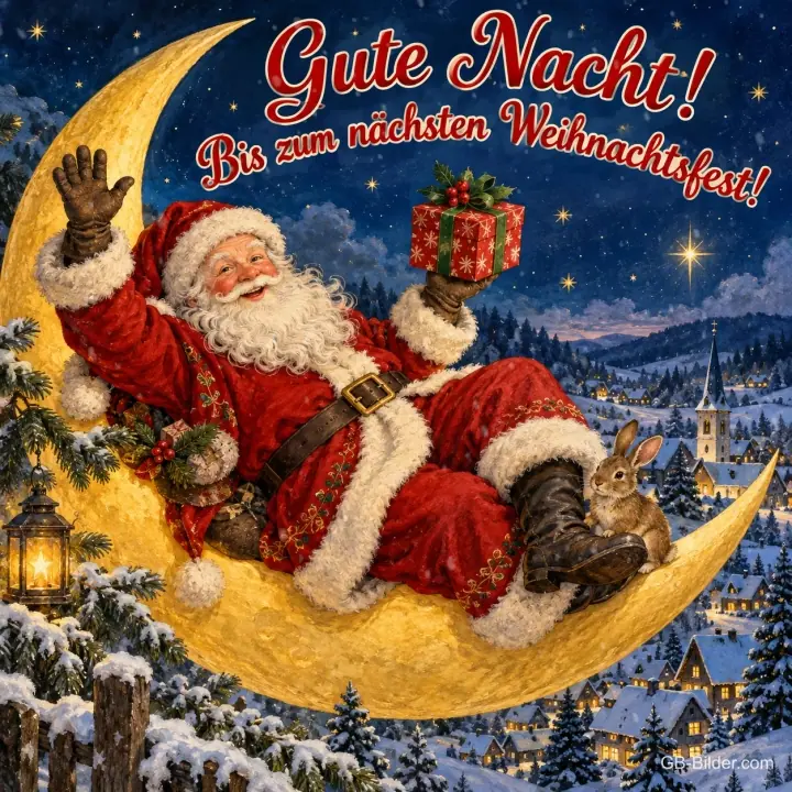 Weihnachtsmann winkt von der Mondsichel über einem verschneiten Dorf, Text: Gute Nacht! – Bis zum nächsten Weihnachtsfest! Weihnachtsmann winkt von der Mondsichel über einem verschneiten Dorf, Text: Gute Nacht! – Bis zum nächsten Weihnachtsfest!