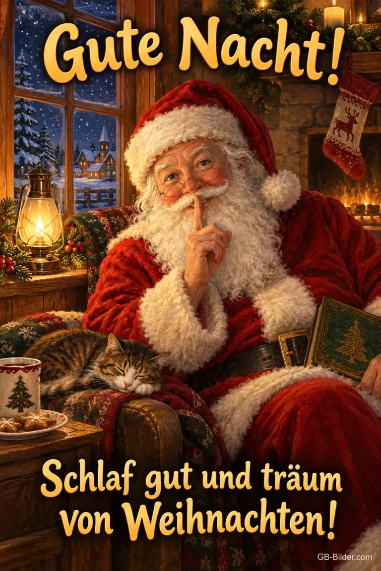 Weihnachtsmann hält den Finger vor den Mund, Katze schläft im Sessel, Text: Gute Nacht! – Schlaf gut und träum von Weihnachten!