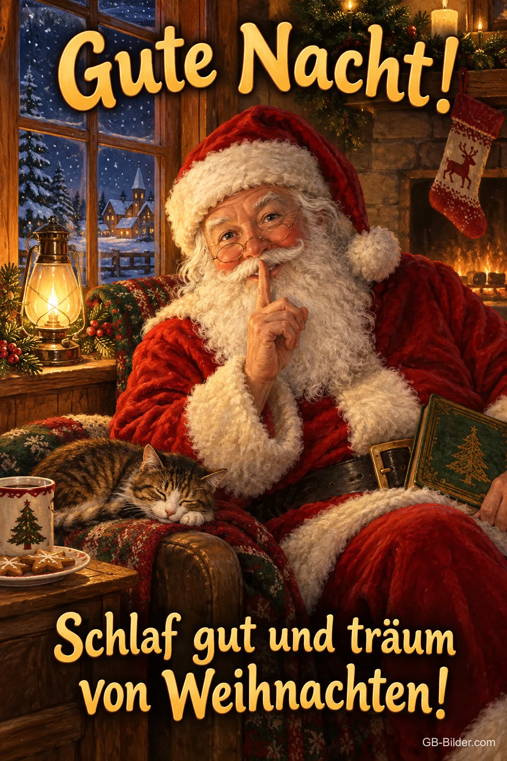Weihnachtsmann hält den Finger vor den Mund, Katze schläft im Sessel, Text: Gute Nacht! – Schlaf gut und träum von Weihnachten!
