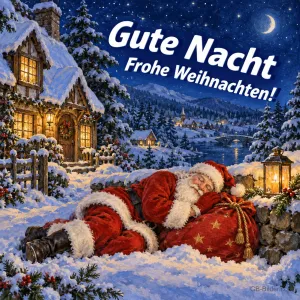 Weihnachtsmann schläft auf seinem Sack im Schnee vor einem Haus, Text: Gute Nacht – Frohe Weihnachten!
