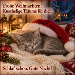 Graues Kätzchen schläft unter einer Weihnachtsmütze, Text: Frohe Weihnachten! – Kuschelige Träume für dich. Schlaf schön. Gute Nacht!