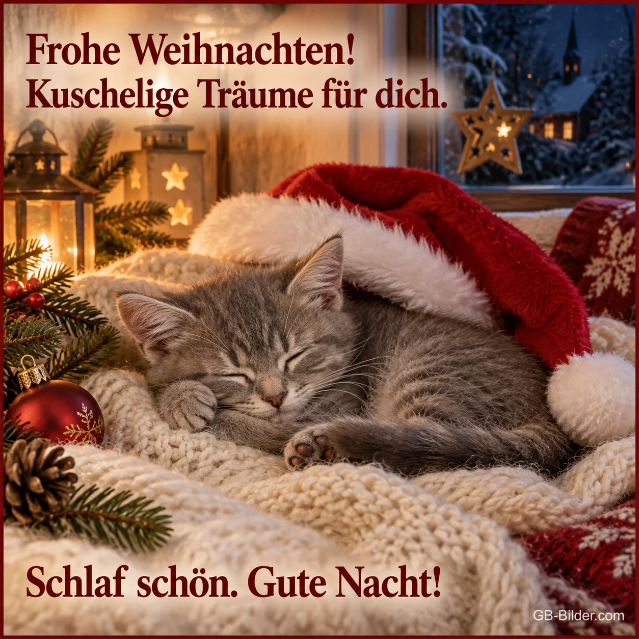 Graues Kätzchen schläft unter einer Weihnachtsmütze, Text: Frohe Weihnachten! – Kuschelige Träume für dich. Schlaf schön. Gute Nacht! Graues Kätzchen schläft unter einer Weihnachtsmütze, Text: Frohe Weihnachten! – Kuschelige Träume für dich. Schlaf schön. Gute Nacht!