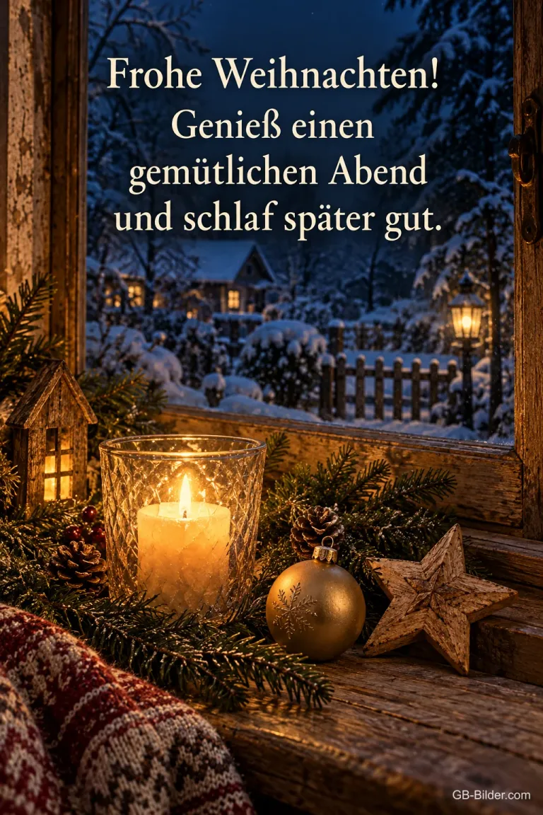 Brennende Kerze im Glas am Fenster mit Kugeln und Holzstern, Text: Frohe Weihnachten! – Genieß einen gemütlichen Abend und schlaf später gut.