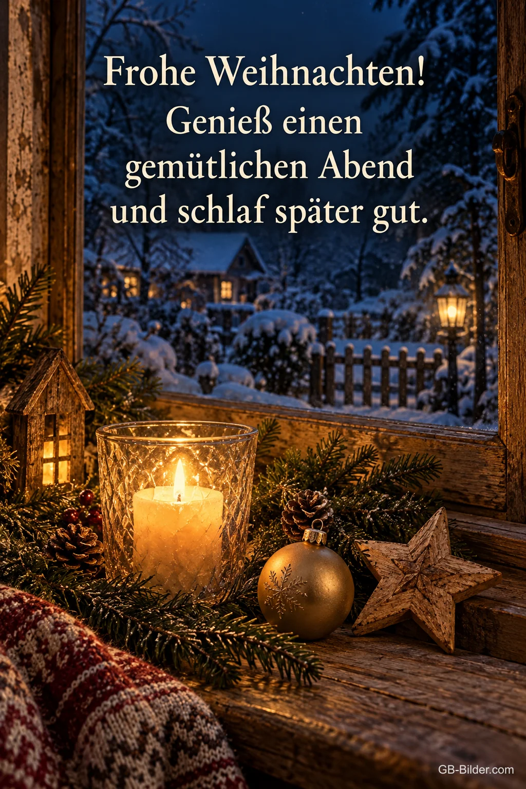 Brennende Kerze im Glas am Fenster mit Kugeln und Holzstern, Text: Frohe Weihnachten! – Genieß einen gemütlichen Abend und schlaf später gut.