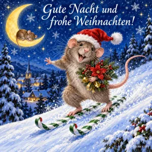 Maus mit Weihnachtsmütze fährt auf Zuckerstangen-Skiern durch den Schnee, Text: Gute Nacht und frohe Weihnachten!