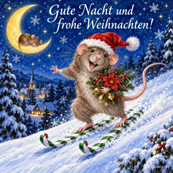 Maus mit Weihnachtsmütze fährt auf Zuckerstangen-Skiern durch den Schnee, Text: Gute Nacht und frohe Weihnachten!
