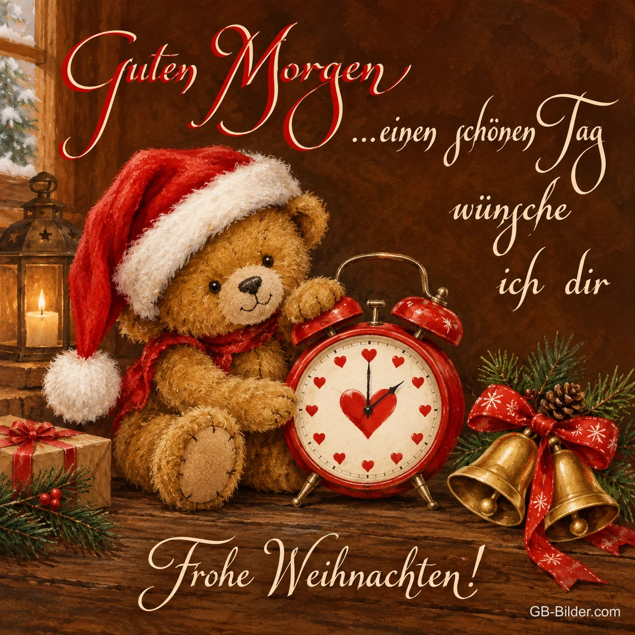Teddybär mit Weihnachtsmütze und Wecker, Text: Guten Morgen Teddybär mit Weihnachtsmütze und Wecker, Text: Guten Morgen
