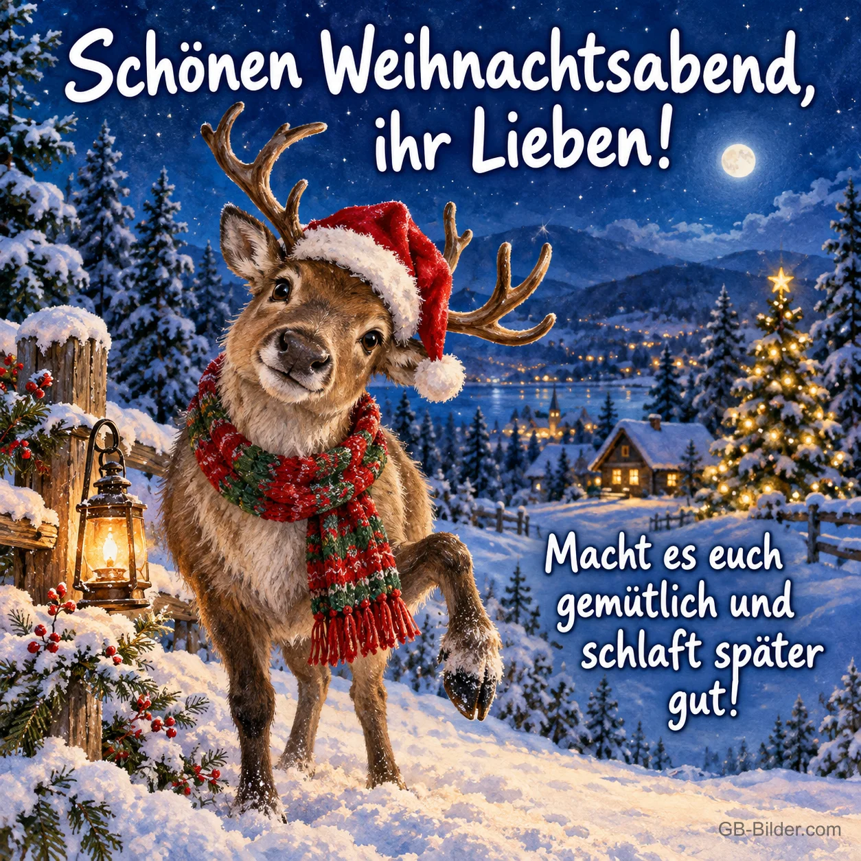 Rentier mit Mütze und Schal winkt vor einem Winterdorf, Text: Schönen Weihnachtsabend, ihr Lieben! – Macht es euch gemütlich und schlaft später gut!
