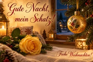 Gelbe Rose, goldene Kugel und Laterne am Winterfenster, Text: Gute Nacht, mein Schatz! – Frohe Weihnachten!