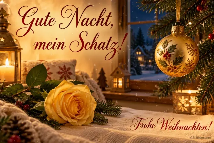 Gelbe Rose, goldene Kugel und Laterne am Winterfenster, Text: Gute Nacht, mein Schatz! – Frohe Weihnachten! Gelbe Rose, goldene Kugel und Laterne am Winterfenster, Text: Gute Nacht, mein Schatz! – Frohe Weihnachten!