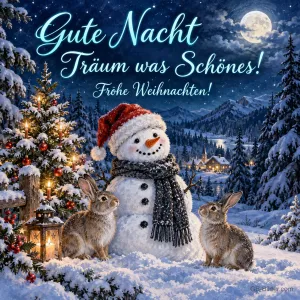 Schneemann mit Mütze und zwei Hasen im verschneiten Wald, Text: Gute Nacht – Träum was Schönes! Frohe Weihnachten!