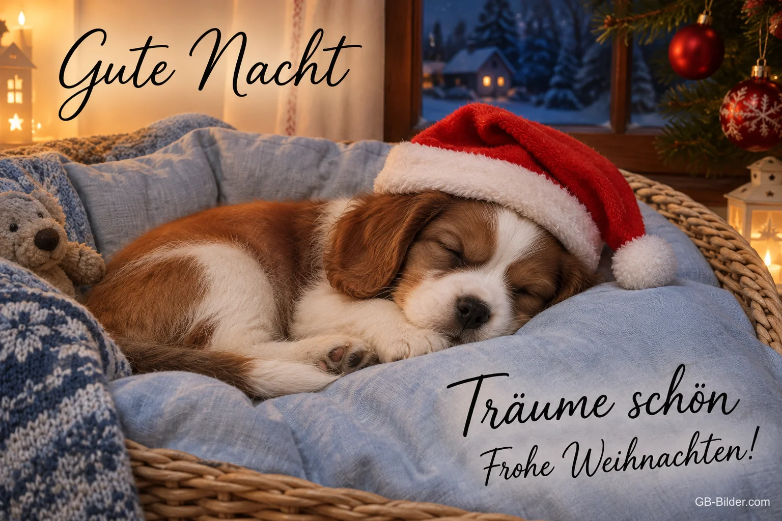 Welpe mit Weihnachtsmütze schläft in einem Korb, Text: Gute Nacht – Träume schön! Frohe Weihnachten!