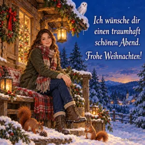Frau sitzt vor einer verschneiten Hütte, Eichhörnchen und Eule, Text: Ich wünsche dir einen traumhaft schönen Abend. – Frohe Weihnachten!