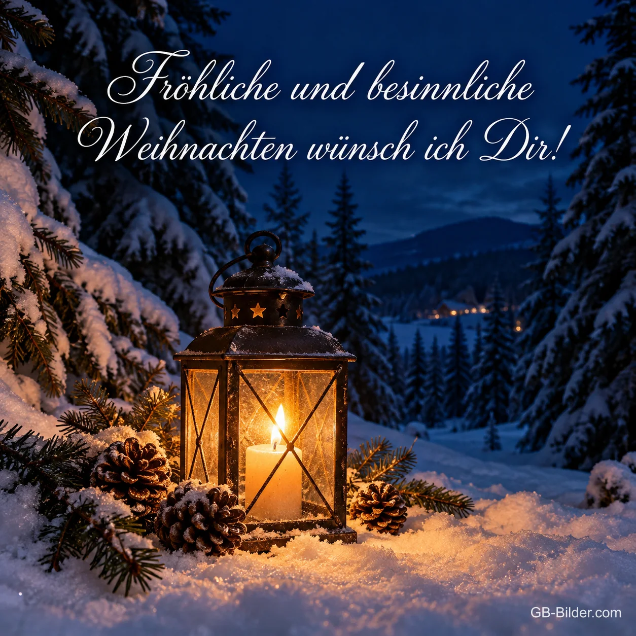 Laterne im verschneiten Wald, Text: Fröhliche und besinnliche Weihnachten wünsch ich Dir Laterne im verschneiten Wald, Text: Fröhliche und besinnliche Weihnachten wünsch ich Dir