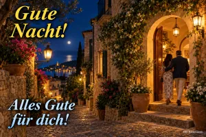 Paar geht abends durch eine beleuchtete Altstadtgasse, Text: Gute Nacht! Alles Gute für dich!